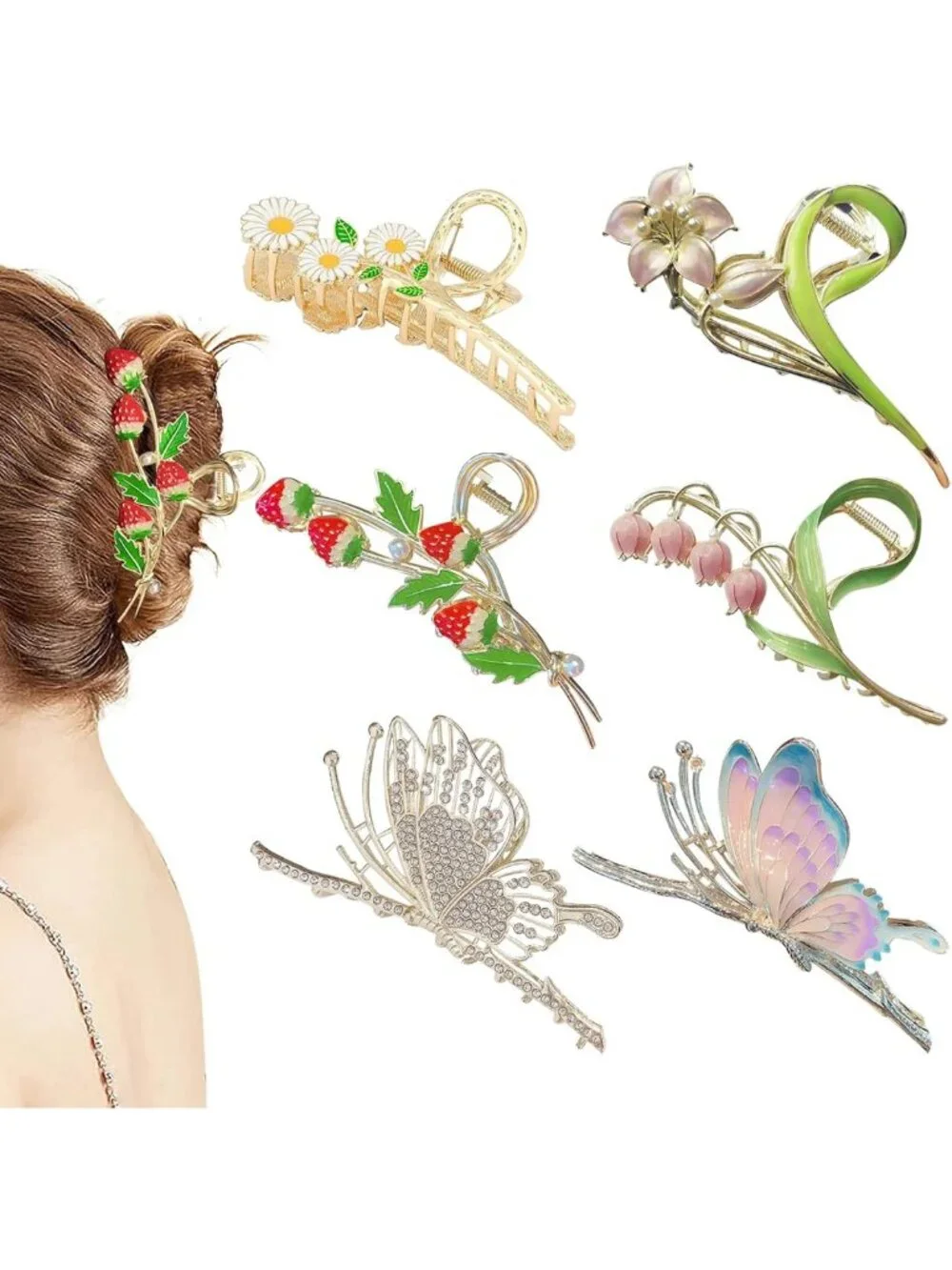 6 Large Butterfly Hair Claw Clips for Women - Strong Hold, Floral Design, 4.3